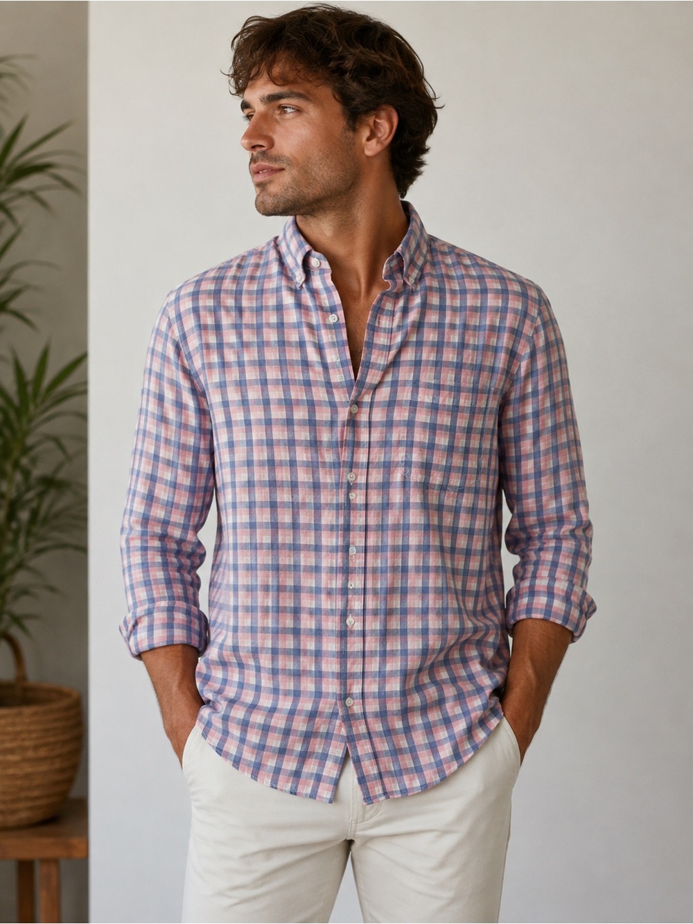 J.Crew Men's XL Pink and Blue Plaid Button Up Shirt, 100% Cotton Long-sleeve